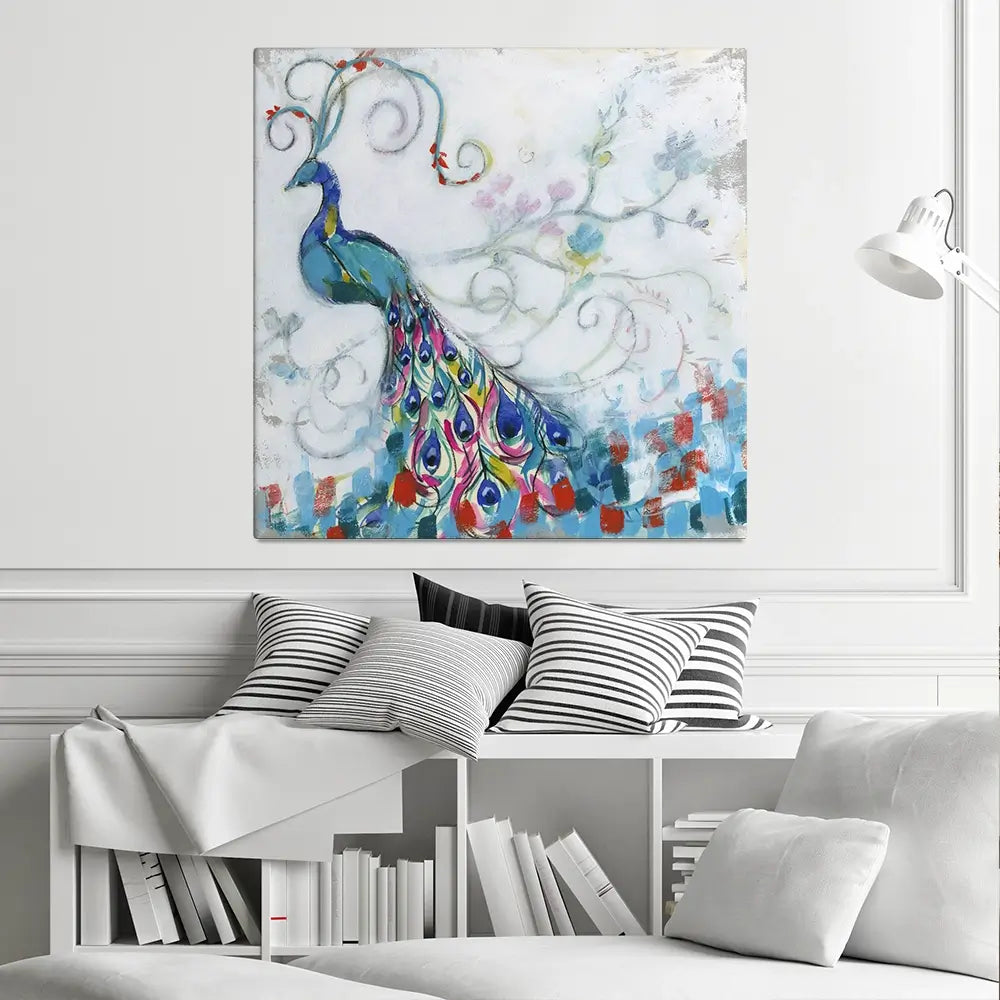 Confetti Peacock Square Canvas Print Confetti Peacock Square Canvas Print wall art product Jennifer Goldberger