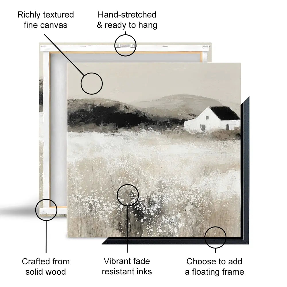 Cottage In Pale Field 2 Square Canvas Print Cottage In Pale Field 2 Square Canvas Print wall art product Chromatic Storm Studio