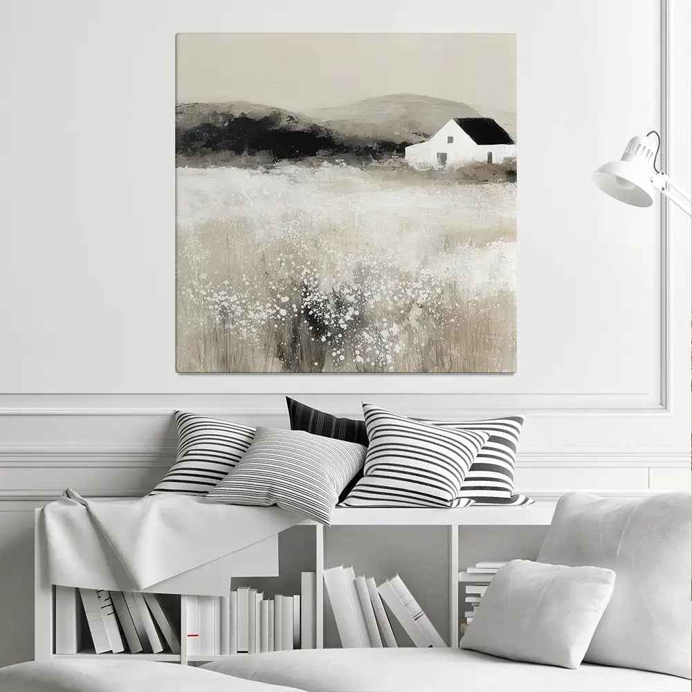 Cottage In Pale Field 2 Square Canvas Print Cottage In Pale Field 2 Square Canvas Print wall art product Chromatic Storm Studio