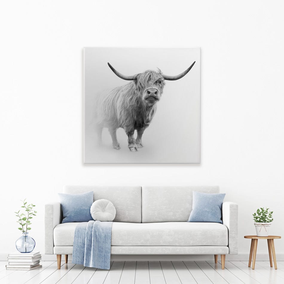 Cow In The Fog Square Canvas Print wall art product Effect of Darkness / Shutterstock