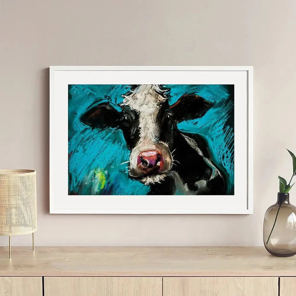 Cow On Blue Framed Art Print Cow On Blue Framed Art Print wall art product Ivailo Nikolov / Shutterstock