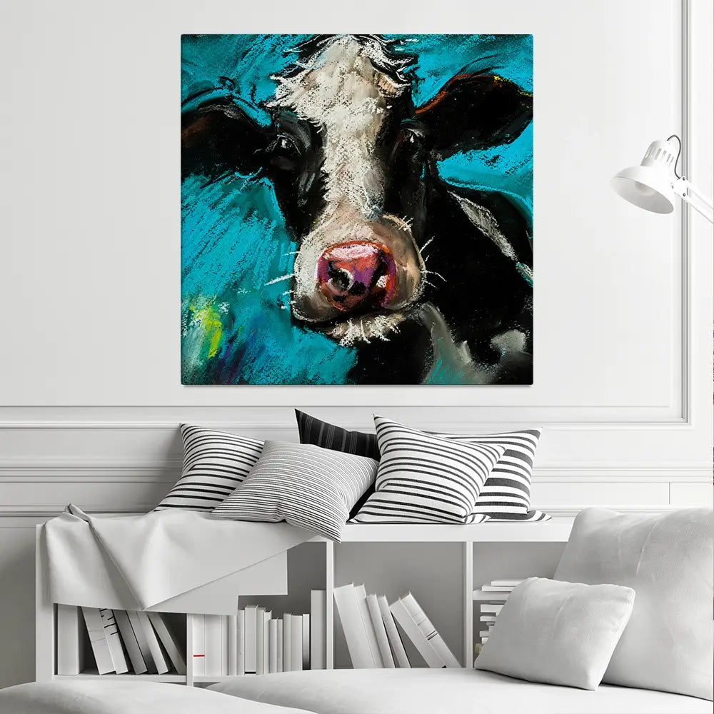 Cow On Blue Square Canvas Print Cow On Blue Square Canvas Print wall art product Ivailo Nikolov / Shutterstock