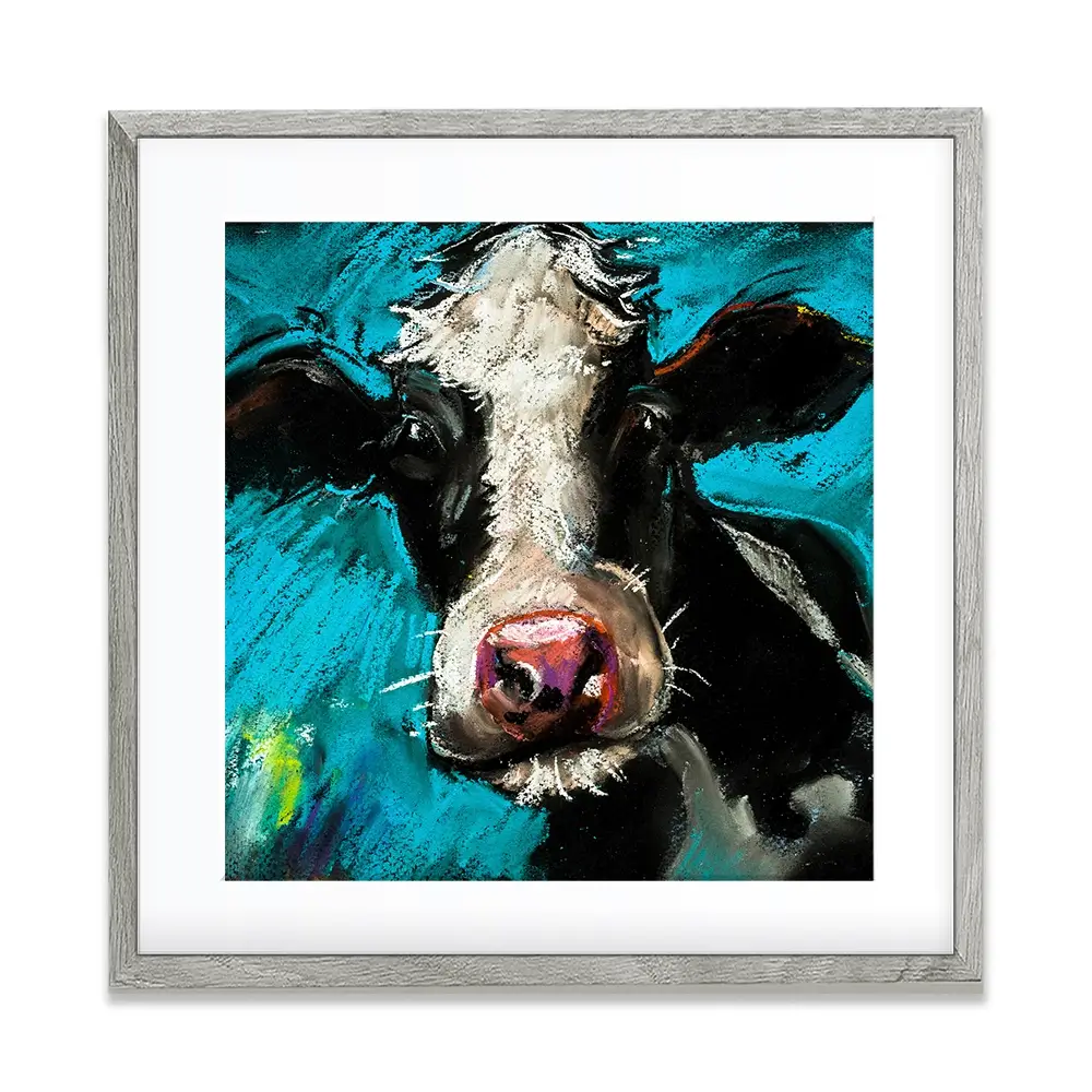 Cow On Blue Square Framed Art Print Cow On Blue Square Framed Art Print wall art product Ivailo Nikolov / Shutterstock