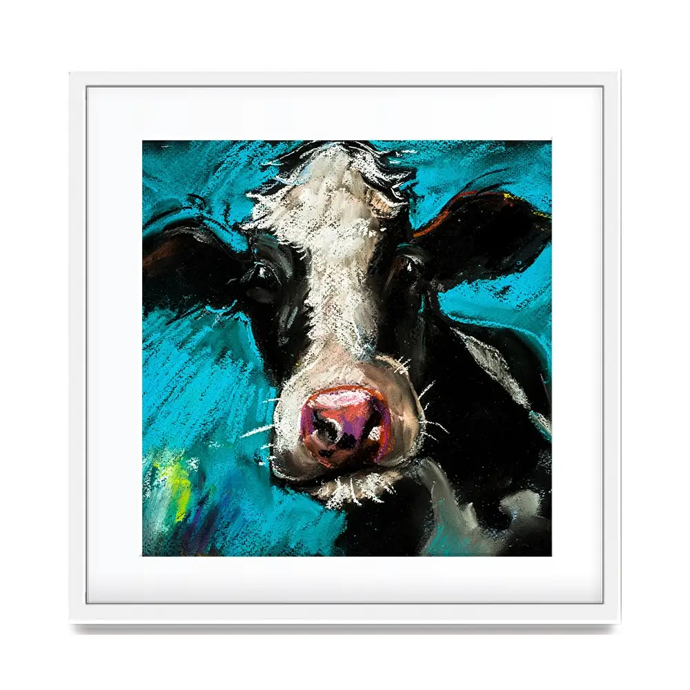 Cow On Blue Square Framed Art Print Cow On Blue Square Framed Art Print wall art product Ivailo Nikolov / Shutterstock