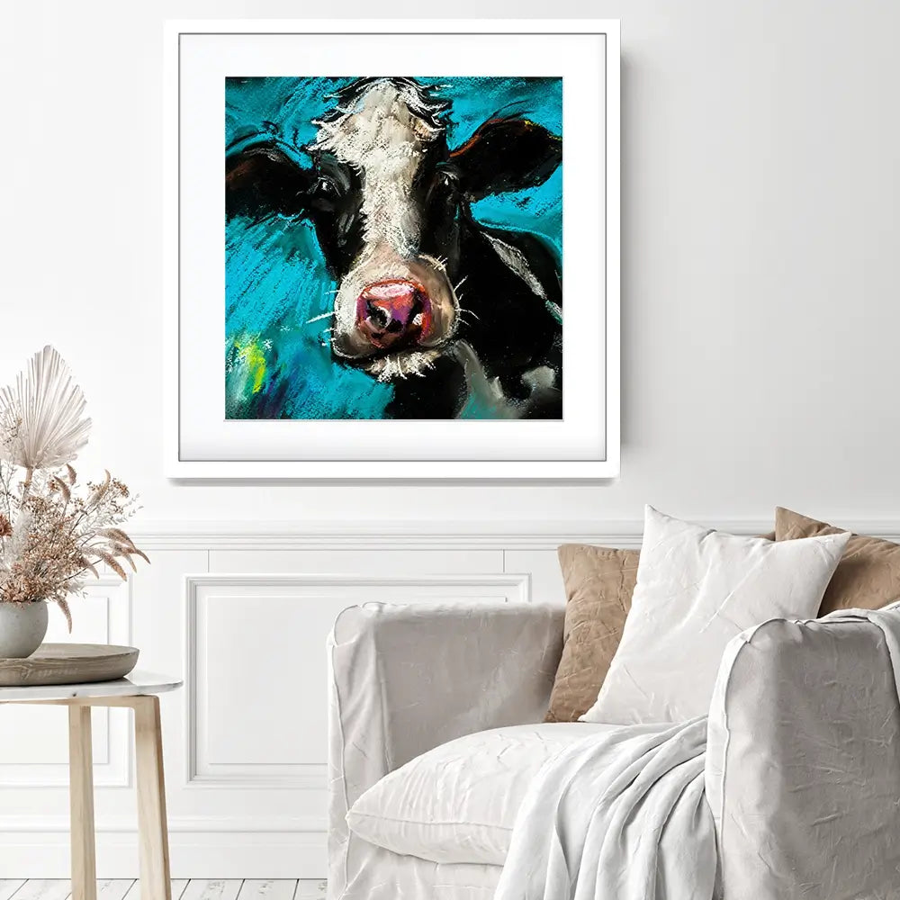 Cow On Blue Square Framed Art Print Cow On Blue Square Framed Art Print wall art product Ivailo Nikolov / Shutterstock