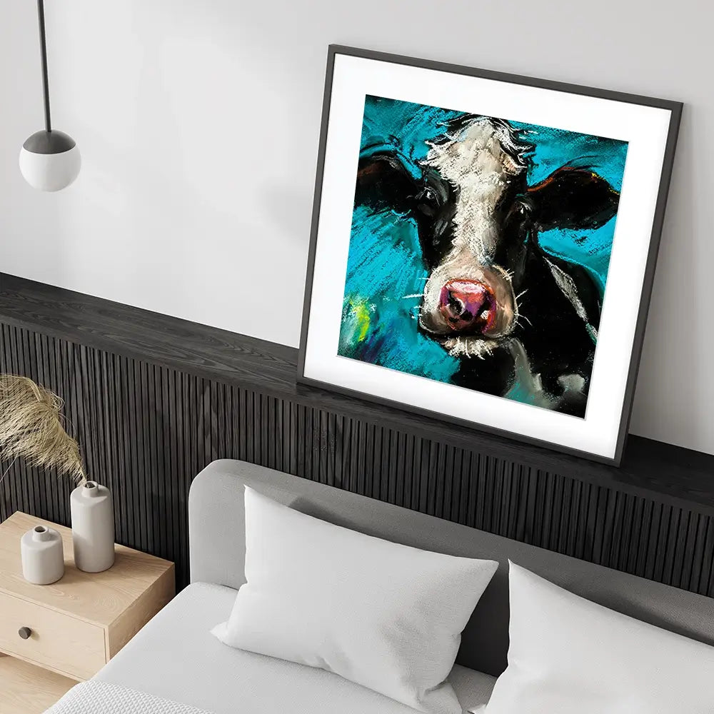 Cow On Blue Square Framed Art Print Cow On Blue Square Framed Art Print wall art product Ivailo Nikolov / Shutterstock