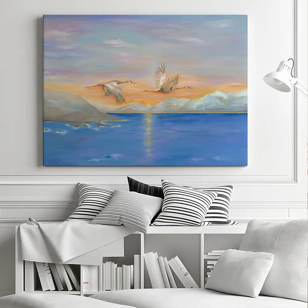 Cranes In Flight At Sunset Canvas Print Cranes In Flight At Sunset Canvas Print wall art product Karen Sutton