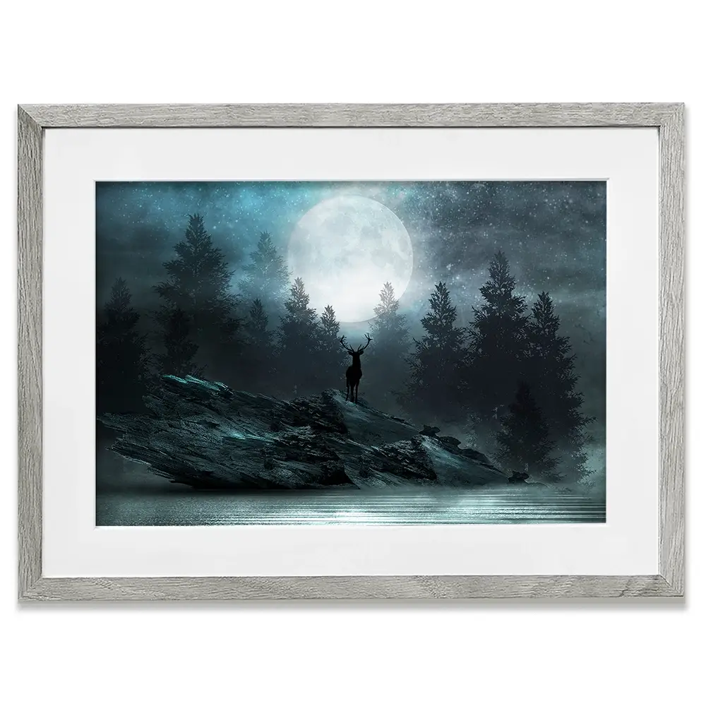 Deer Under The Moon Framed Art Print Deer Under The Moon Framed Art Print wall art product Mia Stendal / Shutterstock