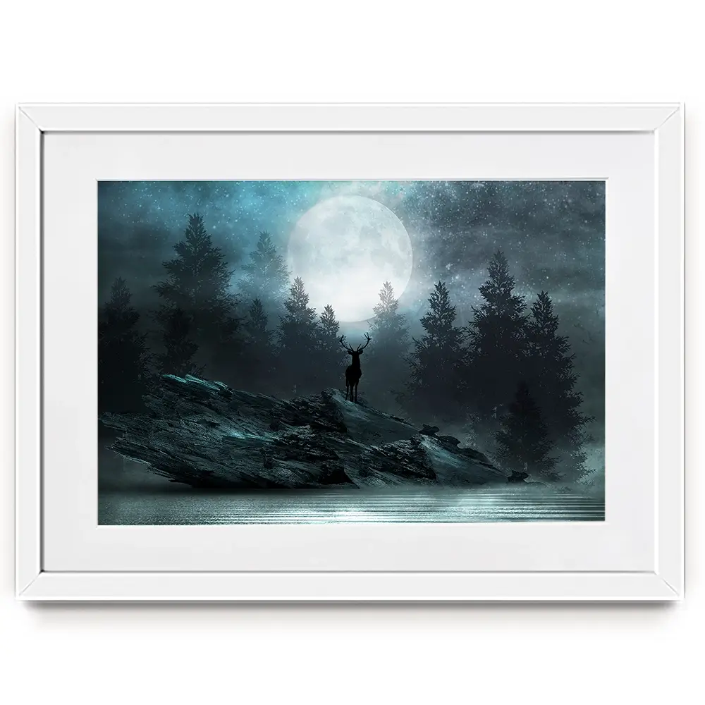 Deer Under The Moon Framed Art Print Deer Under The Moon Framed Art Print wall art product Mia Stendal / Shutterstock