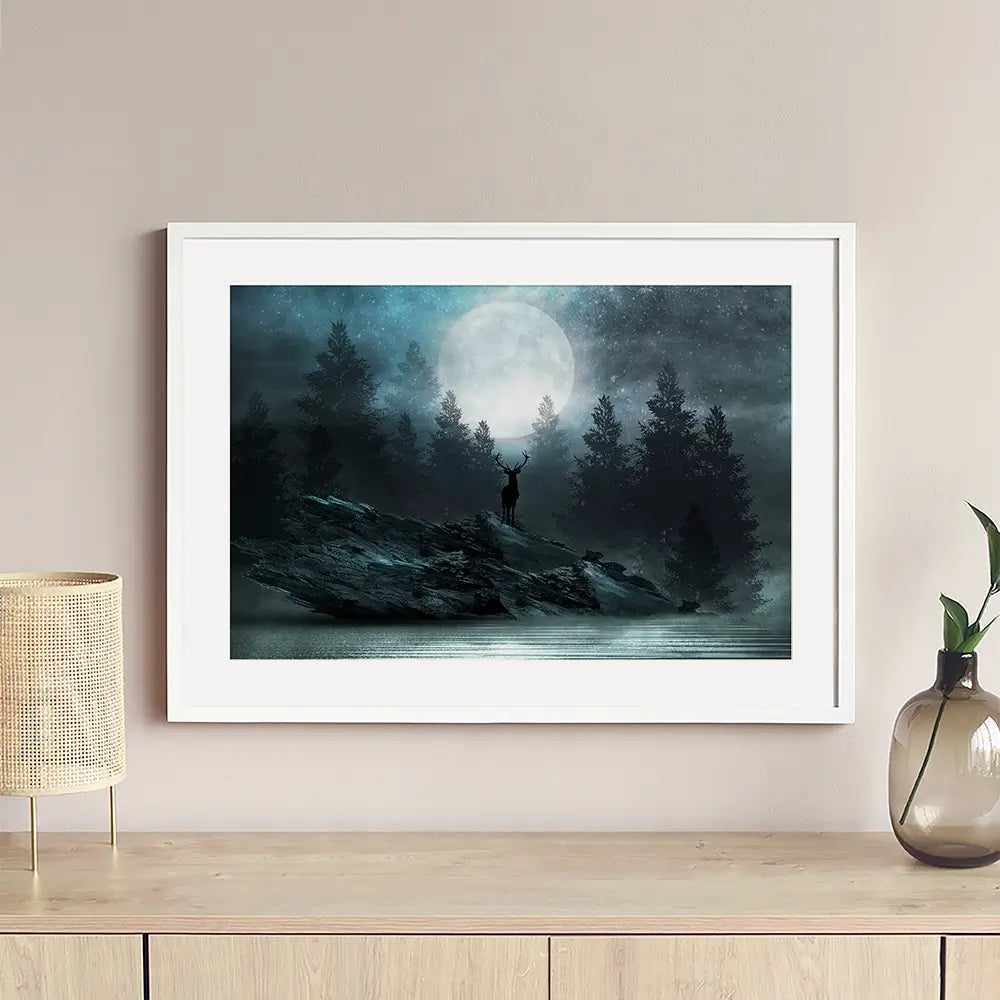 Deer Under The Moon Framed Art Print Deer Under The Moon Framed Art Print wall art product Mia Stendal / Shutterstock