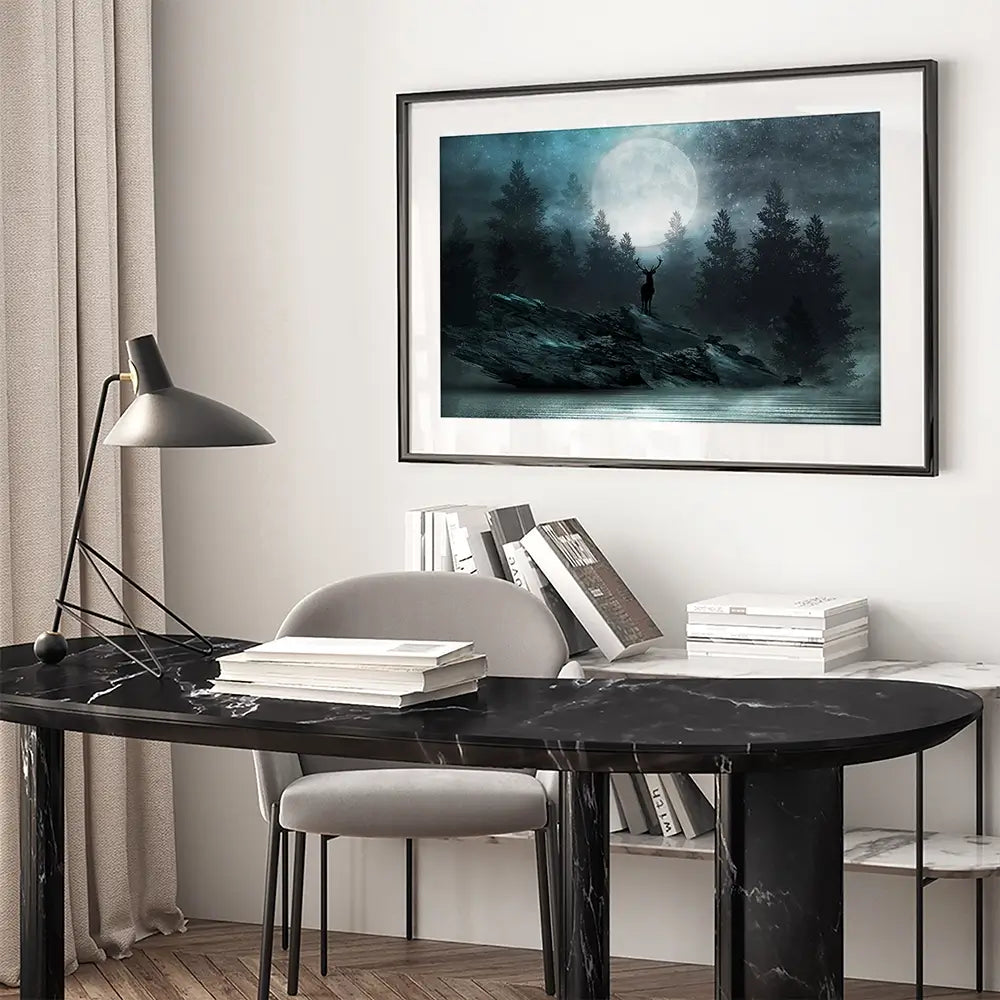 Deer Under The Moon Framed Art Print Deer Under The Moon Framed Art Print wall art product Mia Stendal / Shutterstock