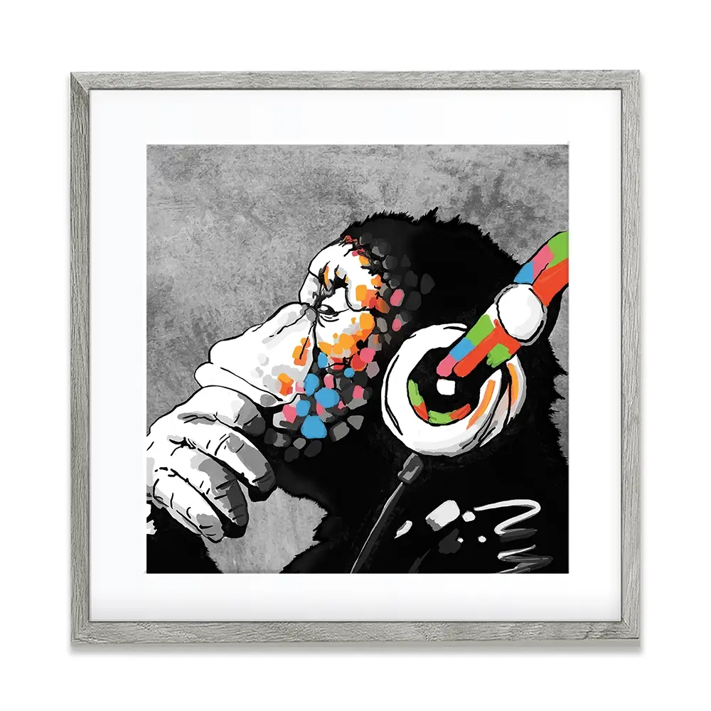 DJ Monkey Square Framed Art Print DJ Monkey Square Framed Art Print | DJ Monkey Square Artwork wall art product Banksy