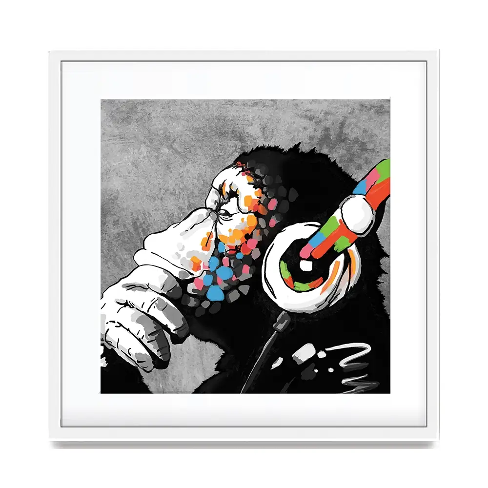 DJ Monkey Square Framed Art Print DJ Monkey Square Framed Art Print | DJ Monkey Square Artwork wall art product Banksy