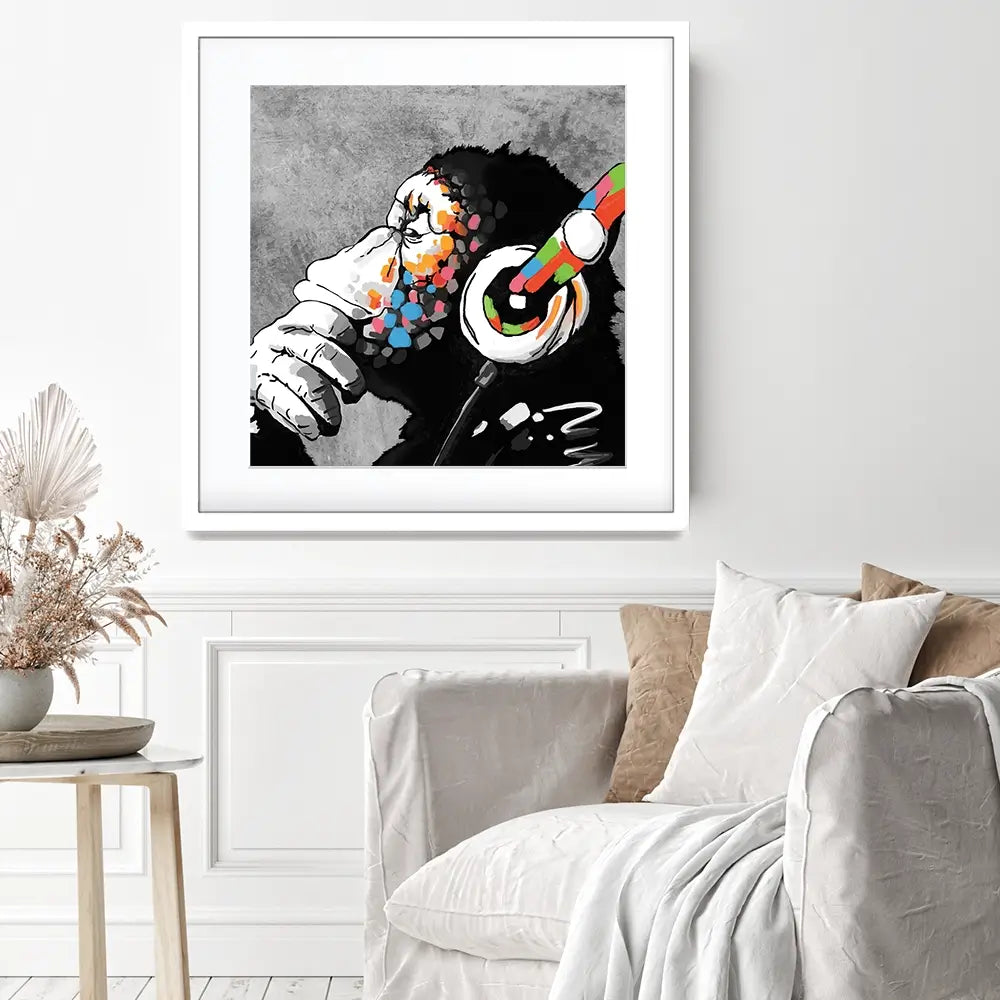 DJ Monkey Square Framed Art Print DJ Monkey Square Framed Art Print | DJ Monkey Square Artwork wall art product Banksy