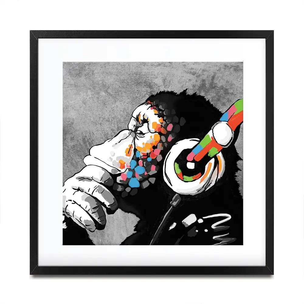DJ Monkey Square Framed Art Print DJ Monkey Square Framed Art Print | DJ Monkey Square Artwork wall art product Banksy