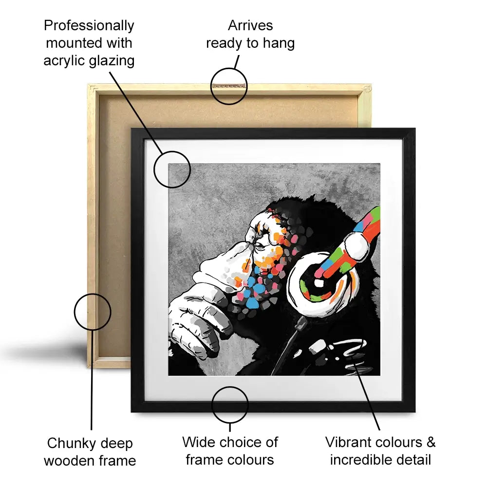 DJ Monkey Square Framed Art Print DJ Monkey Square Framed Art Print | DJ Monkey Square Artwork wall art product Banksy