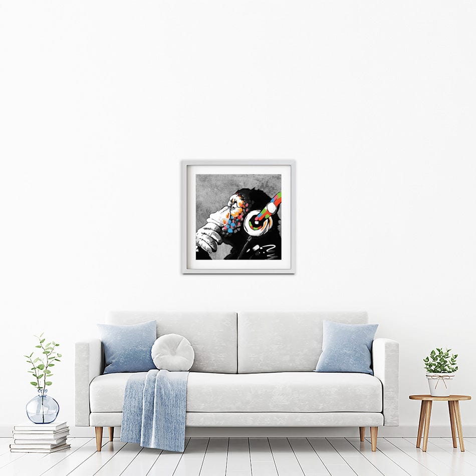 DJ Monkey Square Framed Art Print wall art product Banksy