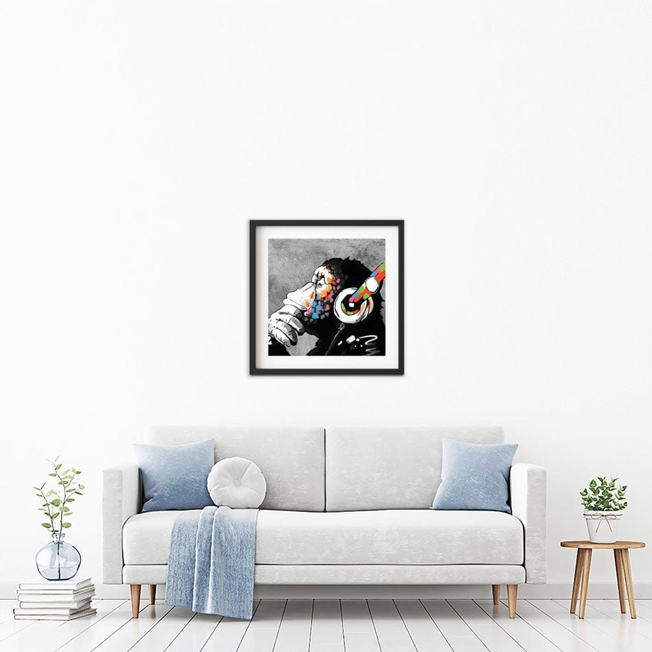 DJ Monkey Square Framed Art Print wall art product Banksy