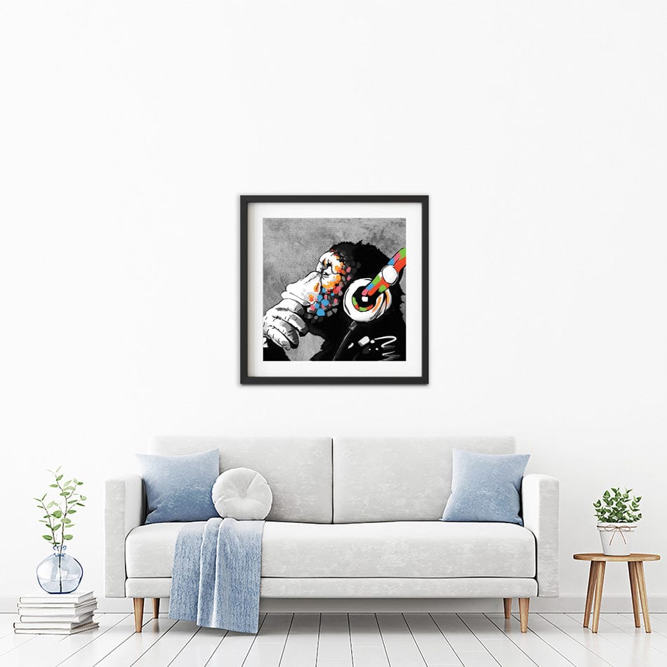 DJ Monkey Square Framed Art Print wall art product Banksy