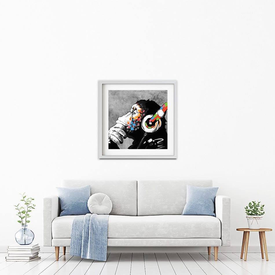 DJ Monkey Square Framed Art Print wall art product Banksy
