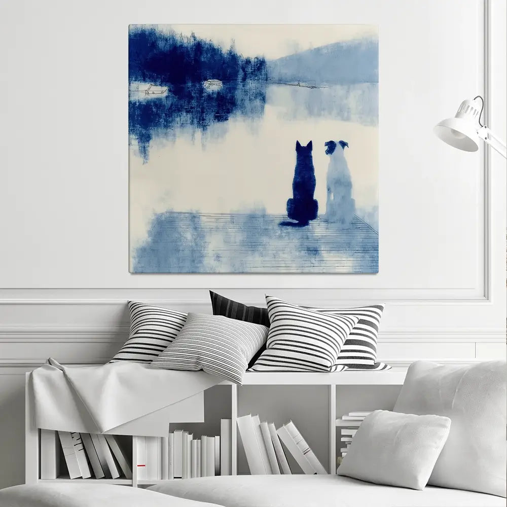 Dogs On Dock Square Canvas Print Dogs On Dock Square Canvas Print wall art product Chromatic Storm Studio