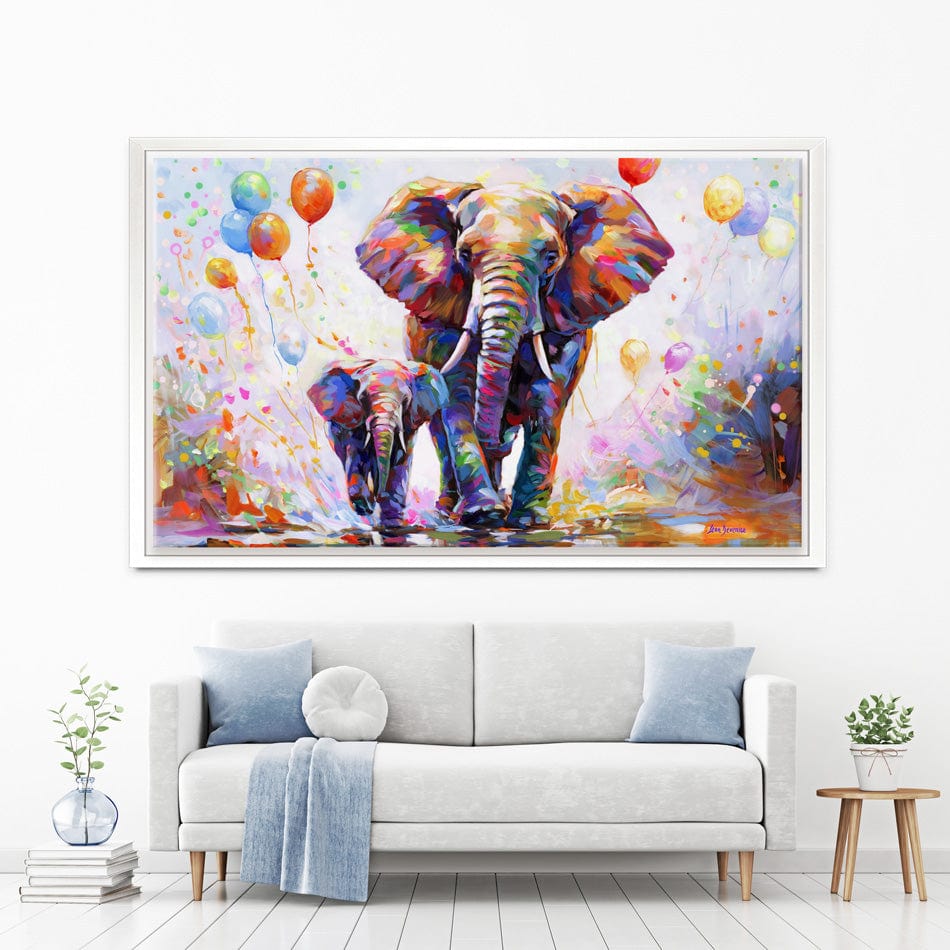 Elephants Colourful Celebration Canvas Print wall art product Leon Devenice