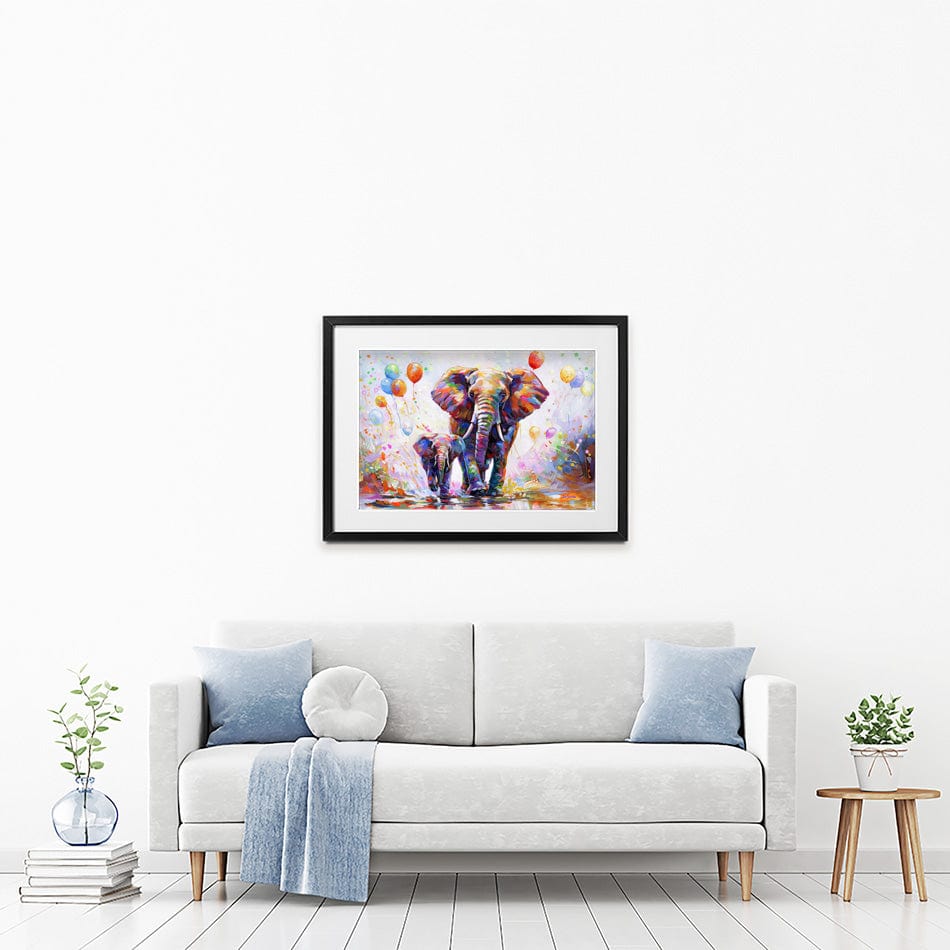 Elephants Colourful Celebration Framed Art Print wall art product Leon Devenice