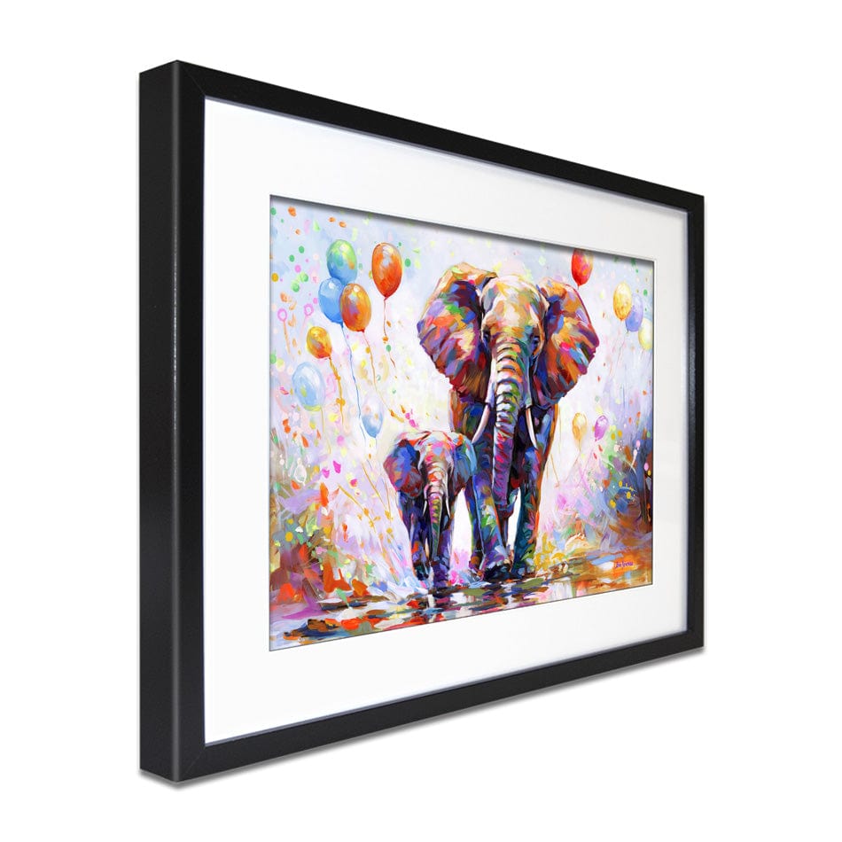 Elephants Colourful Celebration Framed Art Print wall art product Leon Devenice
