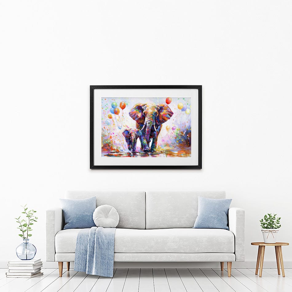 Elephants Colourful Celebration Framed Art Print wall art product Leon Devenice