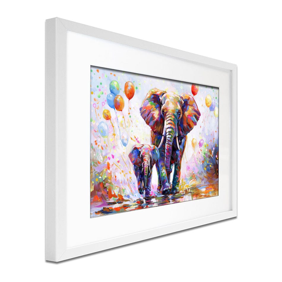 Elephants Colourful Celebration Framed Art Print wall art product Leon Devenice