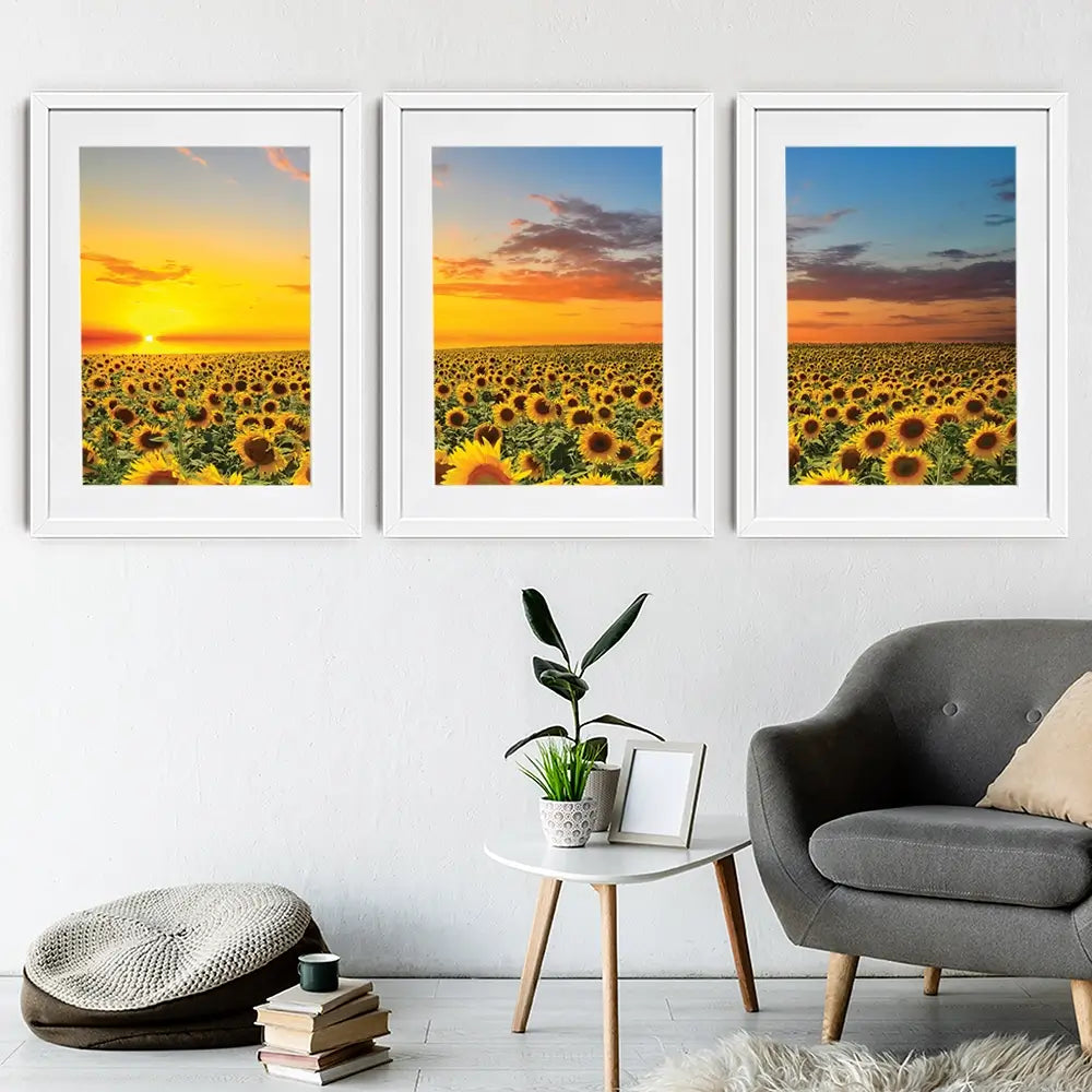 Field Of Blooming Sunflowers Framed Art Print Trio Field Of Blooming Sunflowers Framed Art Print Trio wall art product gornjak / Shutterstock