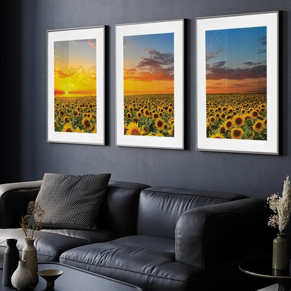 Field Of Blooming Sunflowers Framed Art Print Trio Field Of Blooming Sunflowers Framed Art Print Trio wall art product gornjak / Shutterstock
