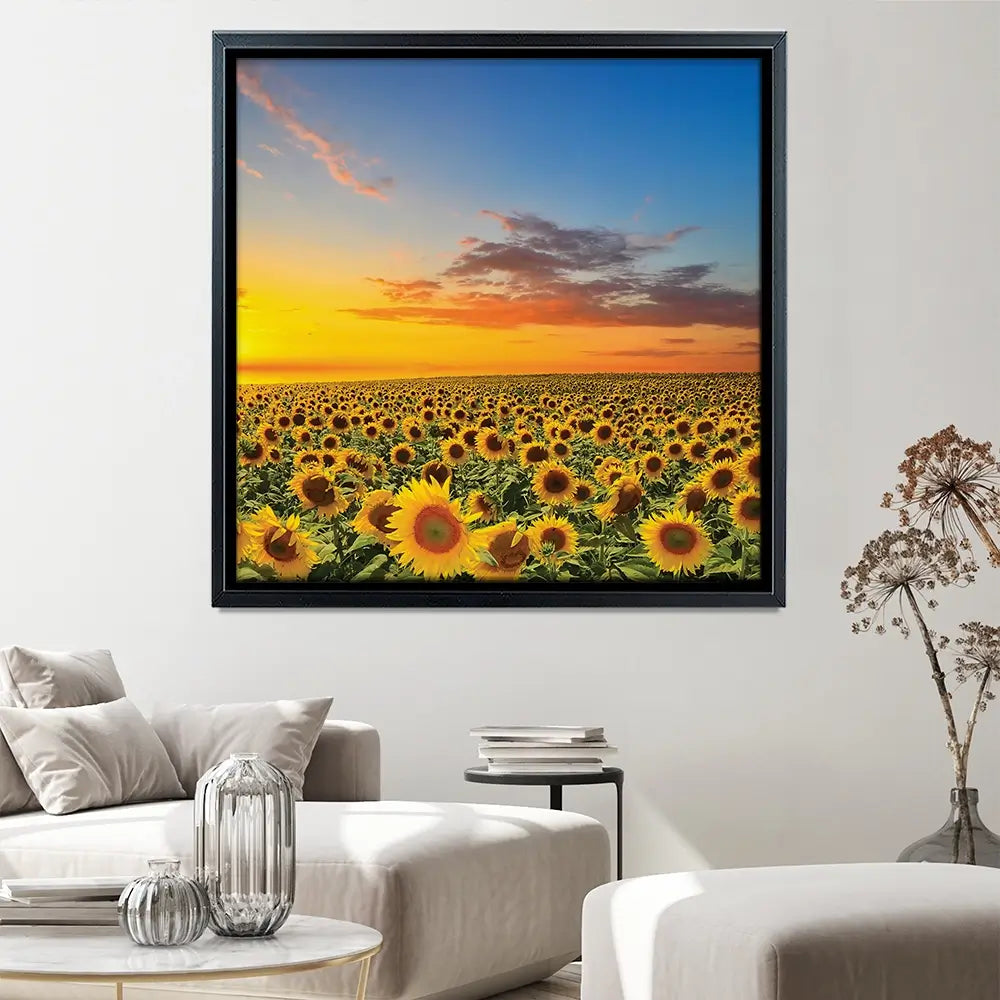 Field Of Blooming Sunflowers Square Canvas Print Field Of Blooming Sunflowers Square Canvas Print wall art product gornjak / Shutterstock