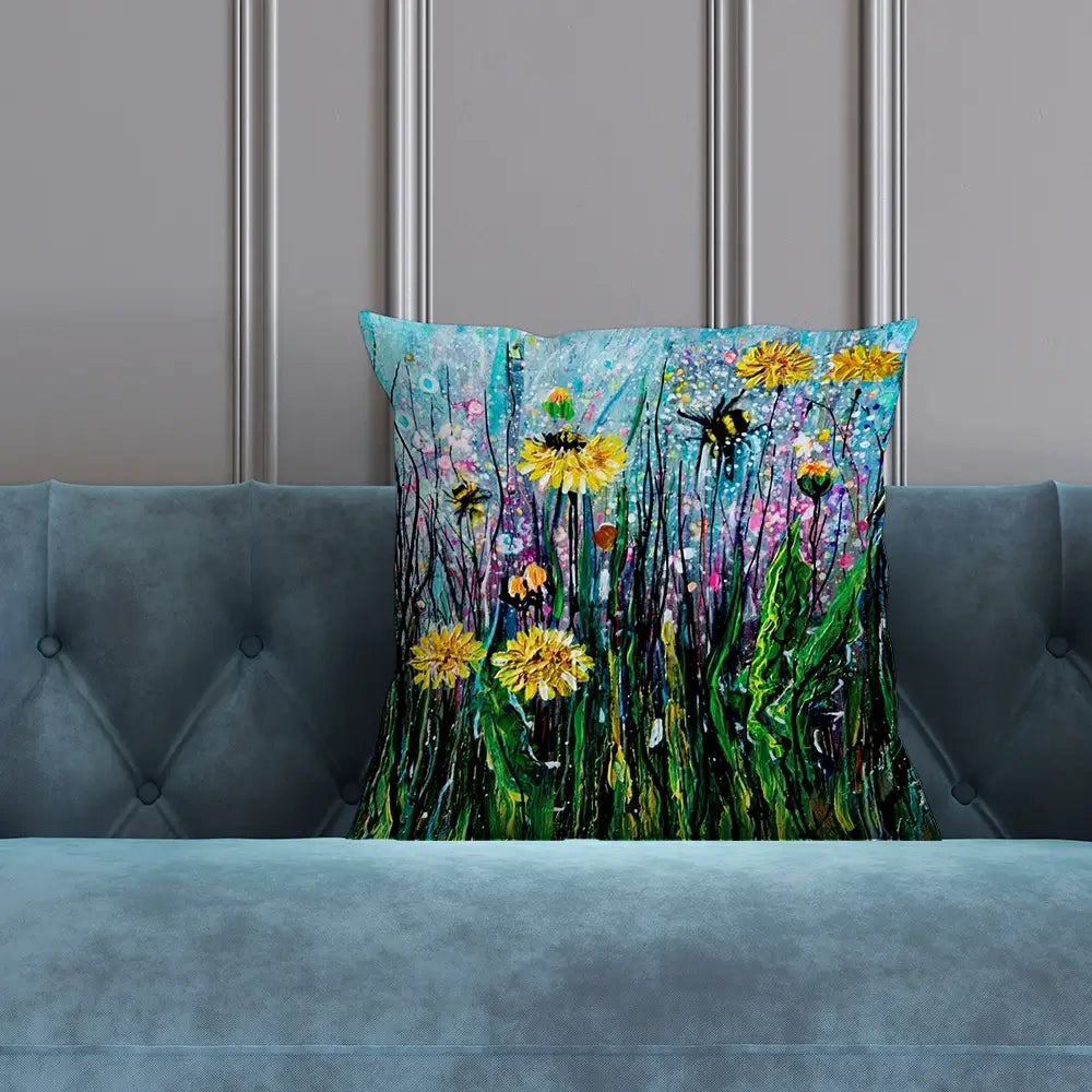 Field Of Flowers And A Bee Cushion Field Of Flowers And A Bee Cushion wall art product Lena Owens - Independent