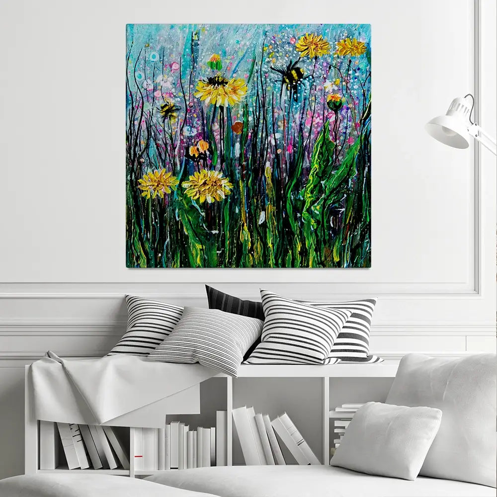Field Of Flowers And A Bee Square Canvas Print Field Of Flowers And A Bee Square Canvas Print wall art product Lena Owens - Independent