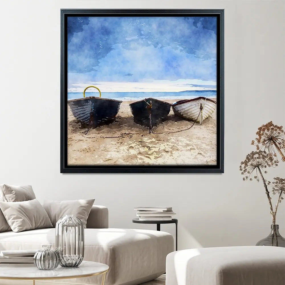 Fishing Boats Under A Brooding Sky Square Canvas Print Fishing Boats Under A Brooding Sky Square Canvas Print wall art product Art Print Shop