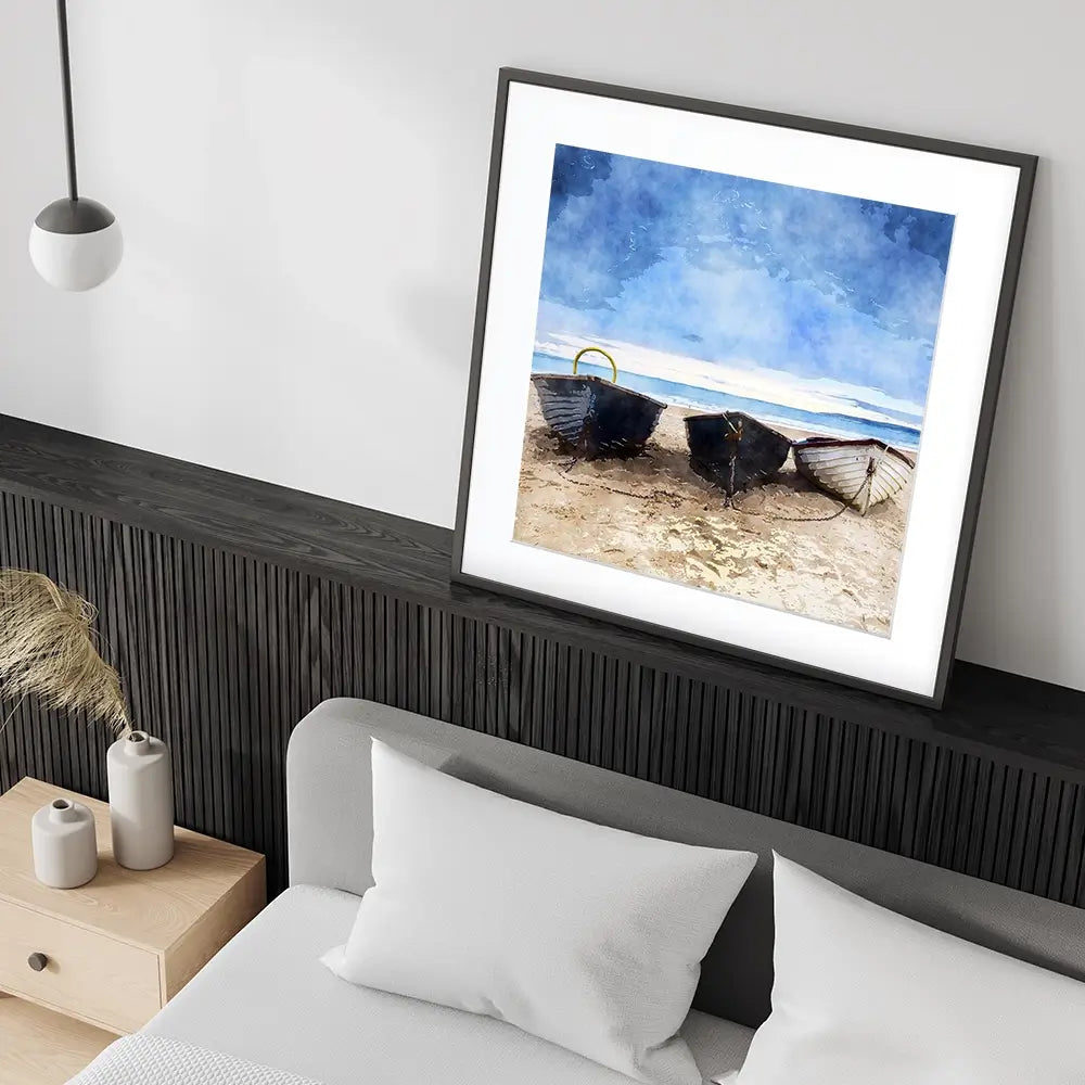 Fishing Boats Under A Brooding Sky Square Framed Art Print Fishing Boats Under A Brooding Sky Square Framed Art Print wall art product Art Print Shop