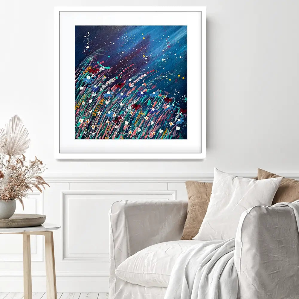Floral Navy Nights Square Framed Art Print Floral Navy Nights Square Framed Art Print wall art product Emma LC Art