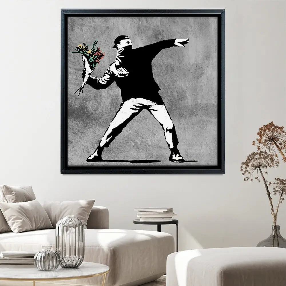Flower Thrower Square Canvas Print Flower Thrower Square Canvas Print wall art product Banksy