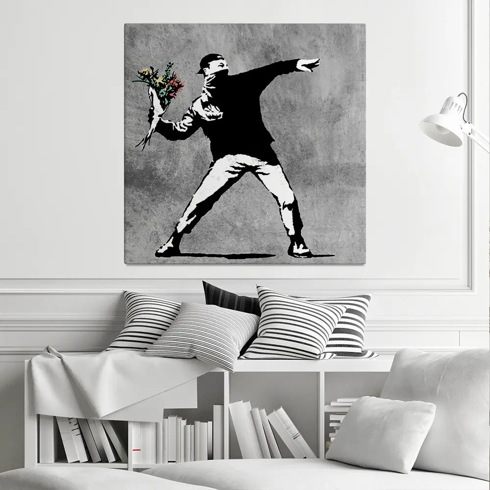 Flower Thrower Square Canvas Print Flower Thrower Square Canvas Print wall art product Banksy