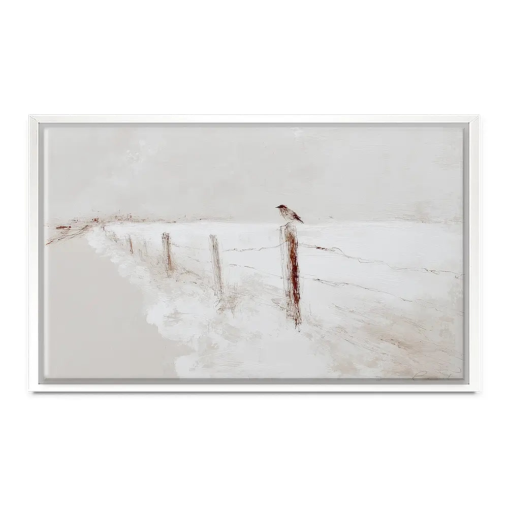 Foggy Fence Bird Canvas Print Foggy Fence Bird Canvas Print wall art product Chromatic Storm Studio