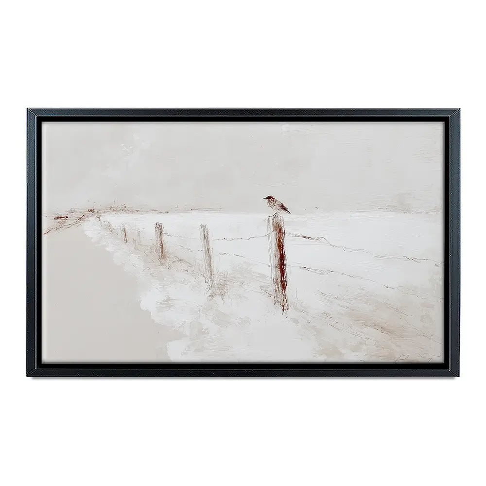 Foggy Fence Bird Canvas Print Foggy Fence Bird Canvas Print wall art product Chromatic Storm Studio