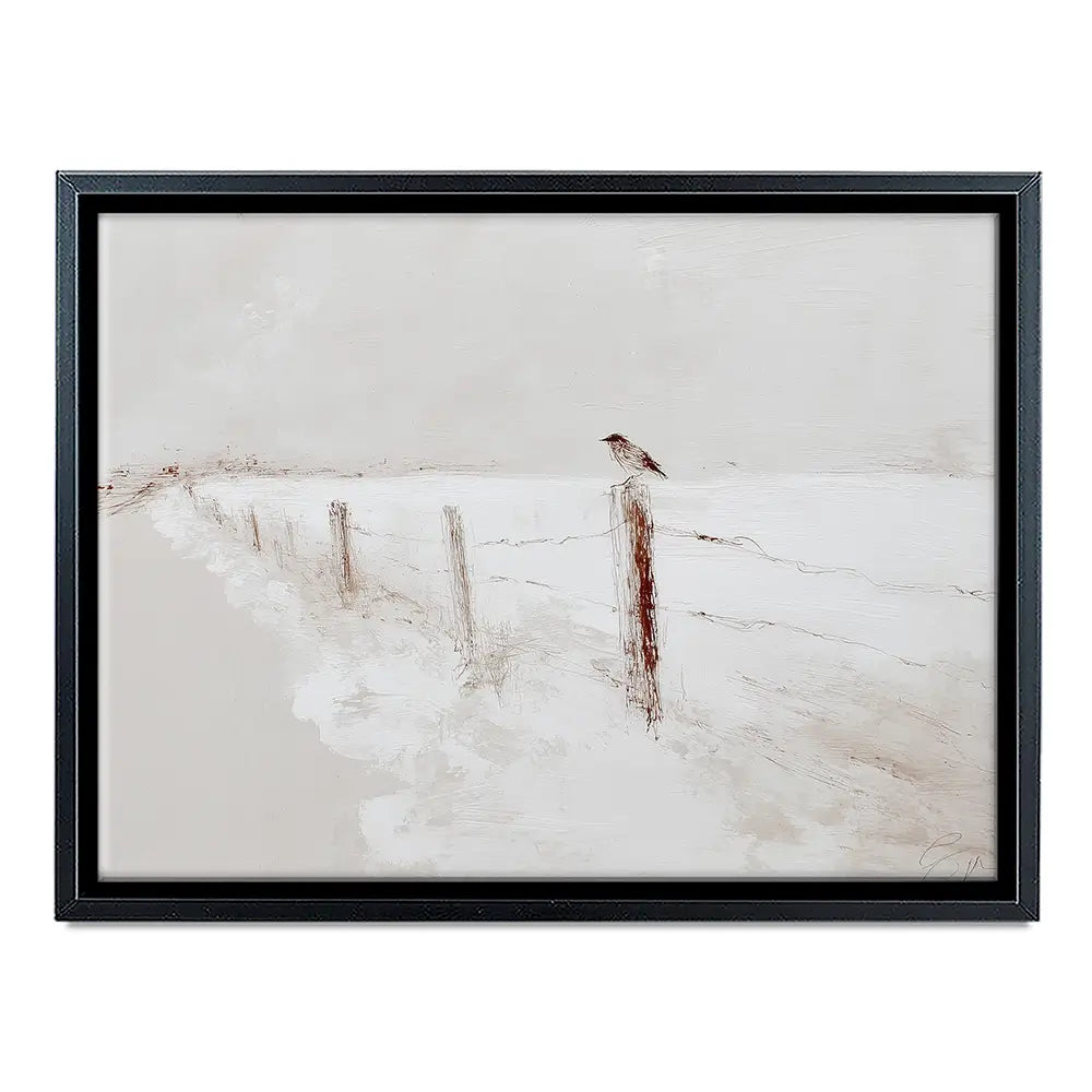 Foggy Fence Bird Canvas Print Foggy Fence Bird Canvas Print wall art product Chromatic Storm Studio