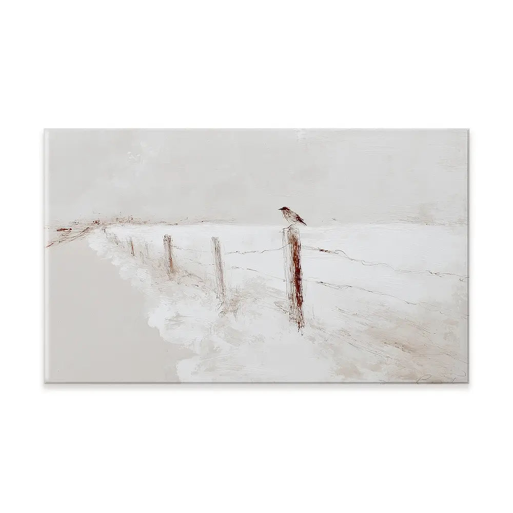 Foggy Fence Bird Canvas Print Foggy Fence Bird Canvas Print wall art product Chromatic Storm Studio