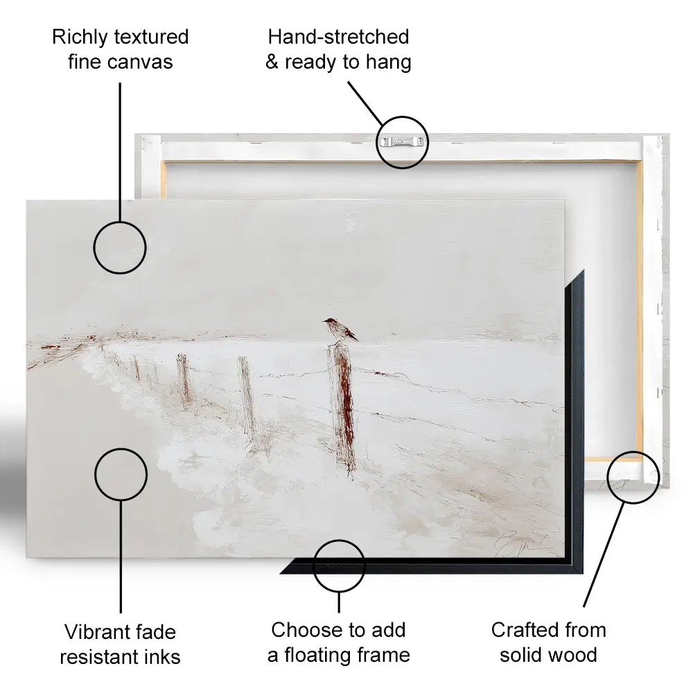 Foggy Fence Bird Canvas Print Foggy Fence Bird Canvas Print wall art product Chromatic Storm Studio