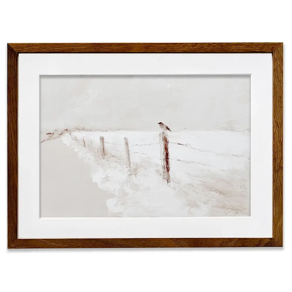 Foggy Fence Bird Framed Art Print Foggy Fence Bird Framed Art Print wall art product Chromatic Storm Studio