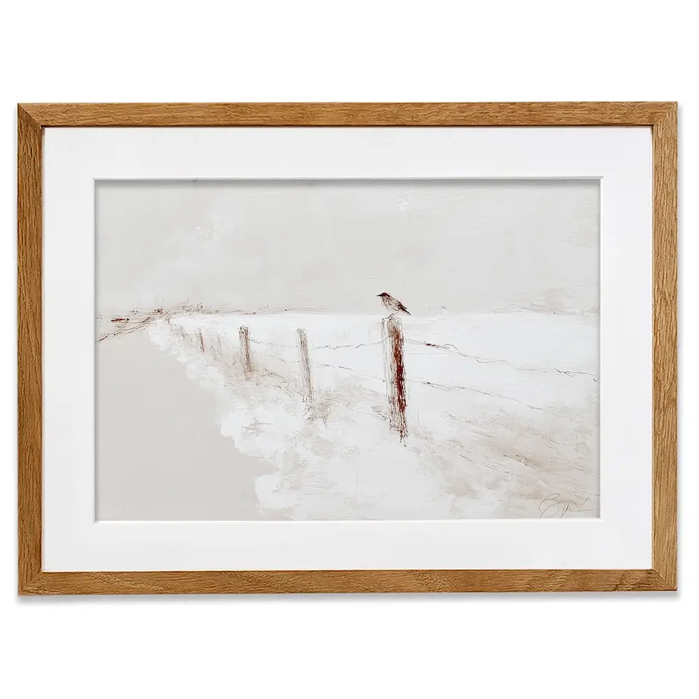 Foggy Fence Bird Framed Art Print Foggy Fence Bird Framed Art Print wall art product Chromatic Storm Studio