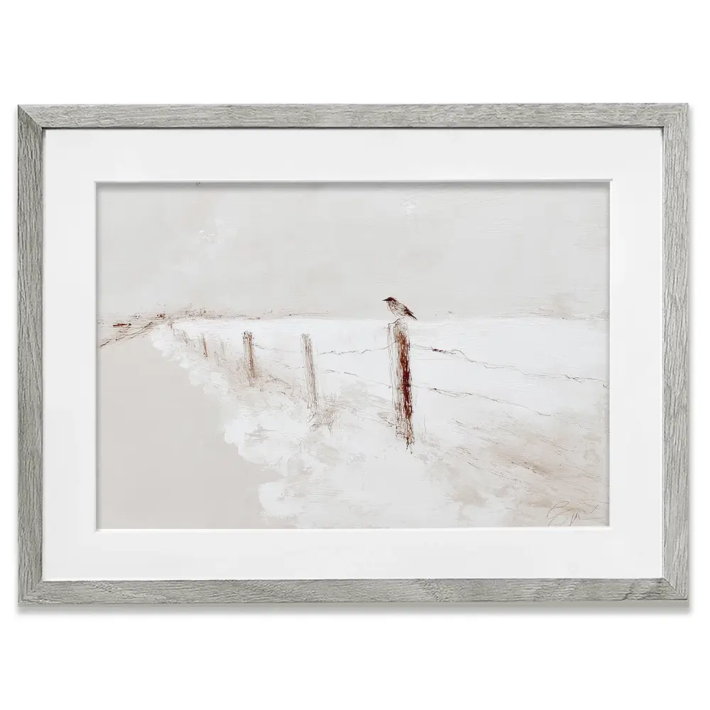 Foggy Fence Bird Framed Art Print Foggy Fence Bird Framed Art Print wall art product Chromatic Storm Studio