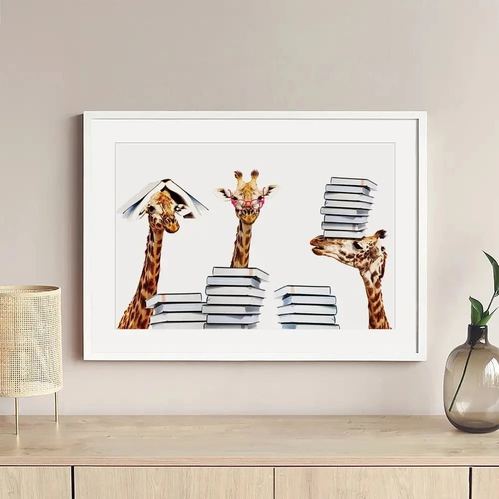 Giraffes With Books Framed Art Print Giraffes With Books Framed Art Print wall art product Sergey Novikov / Shutterstock