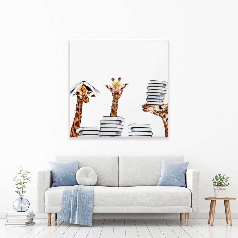 Giraffes With Books Square Canvas Print wall art product Sergey Novikov / Shutterstock